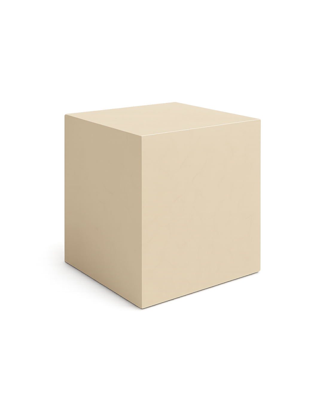 Solano Side Table made of polished Crema Marfil marble with a square block design and soft shadows on transparent background