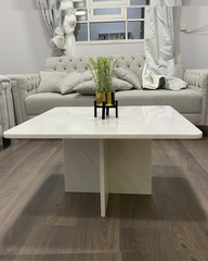 Side profile of Tara Coffee Table showing 2cm thick marble top and intersecting base