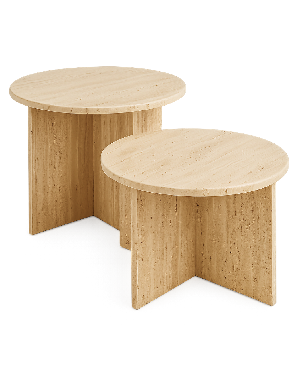 Tesoro Coffee Table set shown on transparent background, highlighting the polished unfilled travertine tops and cross-slab base design with soft shadows
