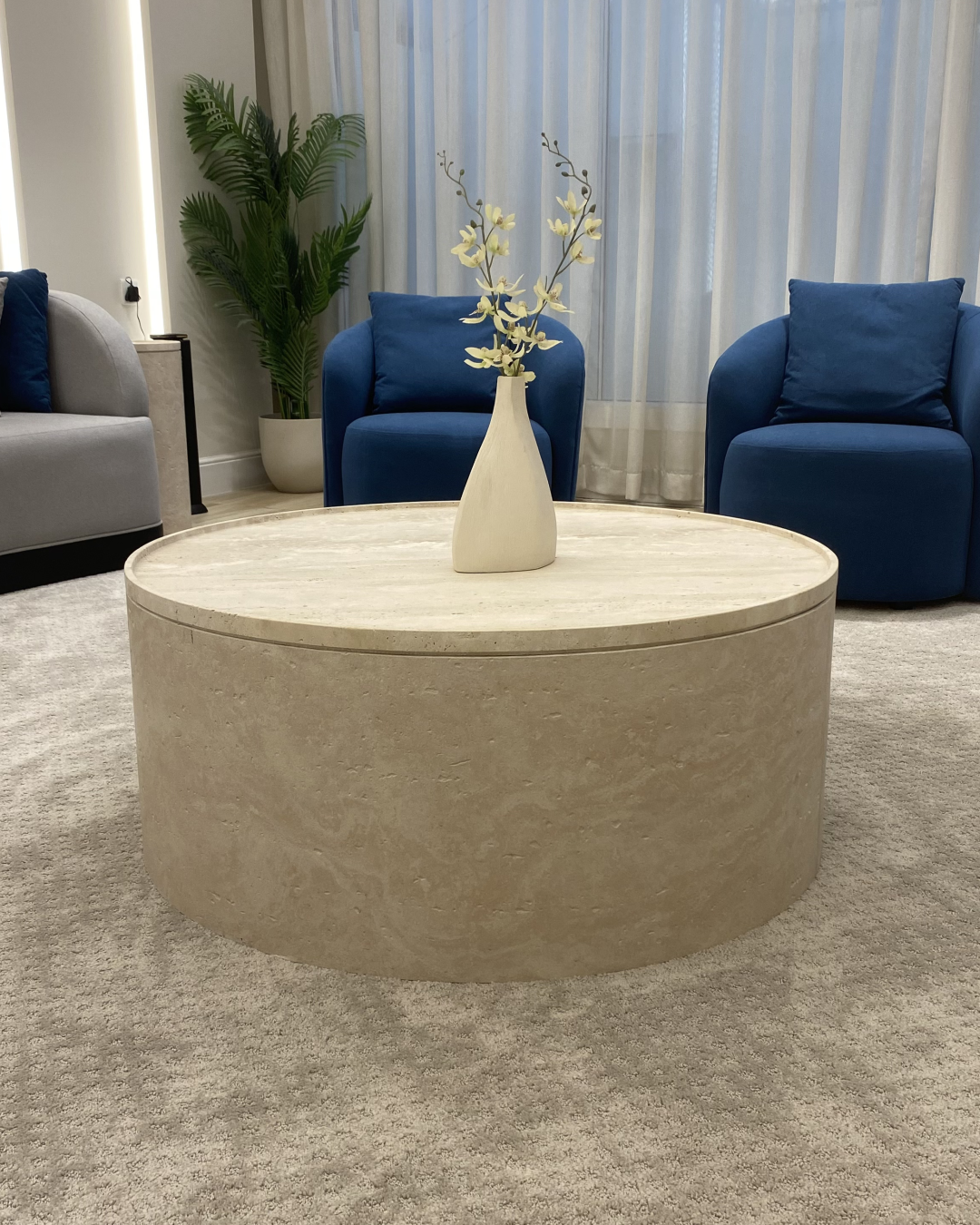 Front view of Travea Coffee Table with dipped travertine top