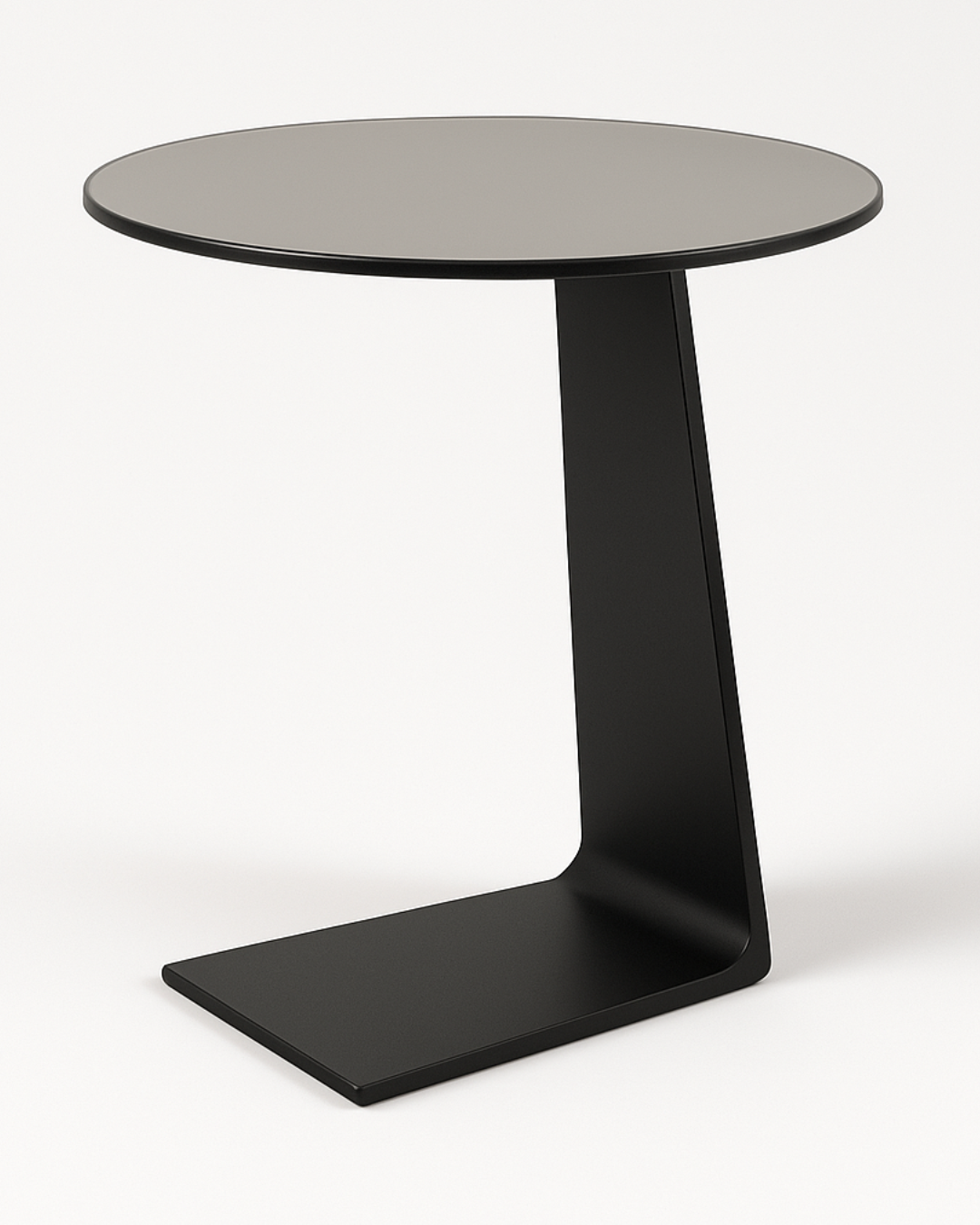 AI-generated image of Travea Serving Table with no background, featuring gray-tinted glass top and matte black C-shaped aluminum base