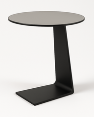 AI-generated image of Travea Serving Table with no background, featuring gray-tinted glass top and matte black C-shaped aluminum base