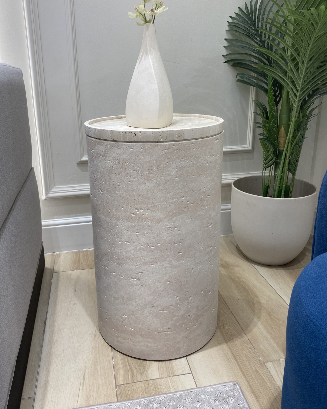 Front view of Travea Side Table showing full cylindrical form