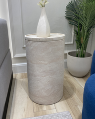 Front view of Travea Side Table showing full cylindrical form
