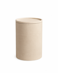 AI-generated image of Travea Side Table with no background, highlighting dipped travertine top and sculptural MCM-wrapped base