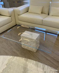 Front view of Valentina Coffee Table showing clear glass and stone base