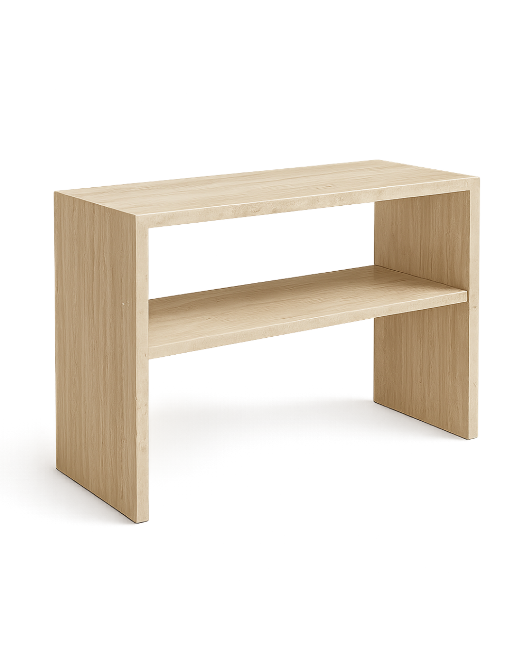 AI-generated image of a marble buffet table with two open shelves and a minimalist rectangular design.