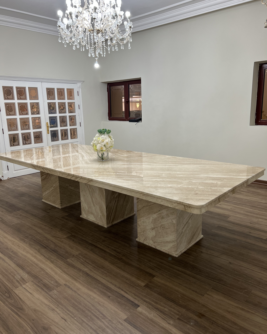 Full view of Valora Dining Table with book-matched marble top