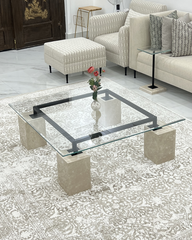 Full view of Vetro Coffee Table with clear glass top and cream marble legs