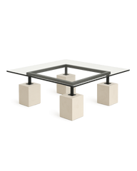Vetro Coffee Table with clear glass top, matte black frame, and four marble column legs on transparent background with soft shadows
