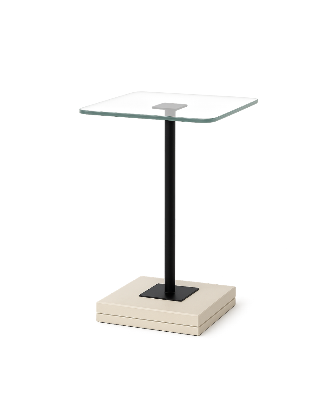 Vetro Serving Table featuring a clear glass top supported by a matte black frame and marble column base on transparent background with soft shadows