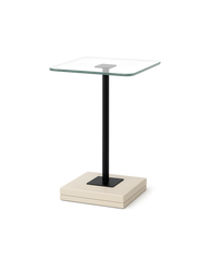 Vetro Serving Table featuring a clear glass top supported by a matte black frame and marble column base on transparent background with soft shadows