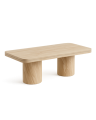 1.	Zina Coffee Table featuring a rectangular double-layered Royal Dino marble top with V-groove edge and two smooth cylindrical marble bases, on transparent background with soft shadows