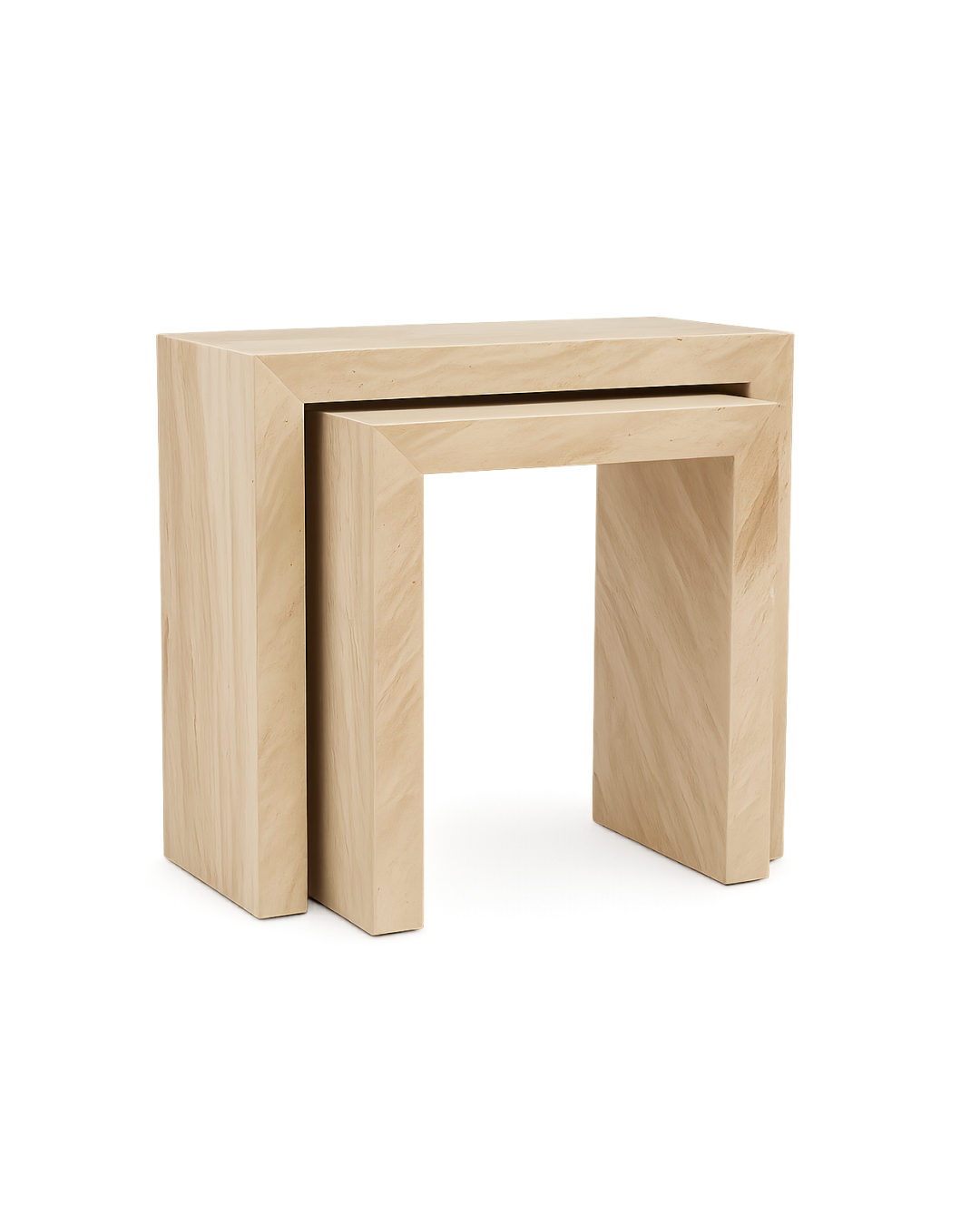 A pair of nested rectangular console tables made from Royal Dino marble with angled veining and seamless block-style construction, showcasing a minimalist stacked design.