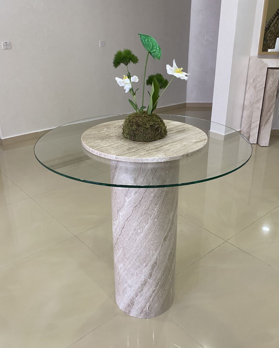 Zina Entrance Table full view with marble disc and glass top