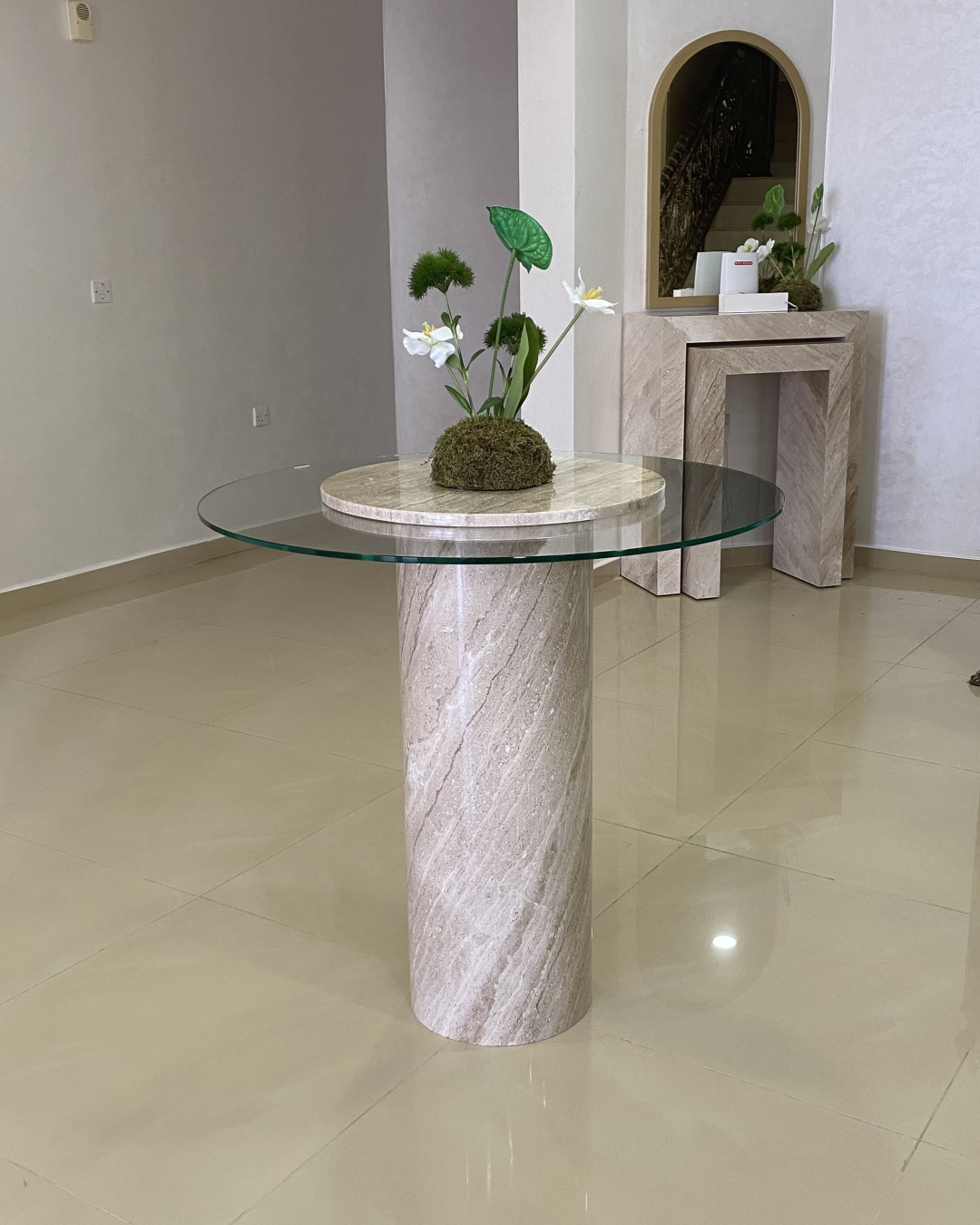 Zina Entrance Table styled in a lobby or entrance space