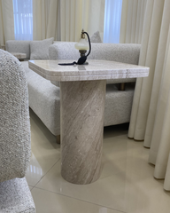 Zina Side Table front view with marble top and cylindrical base