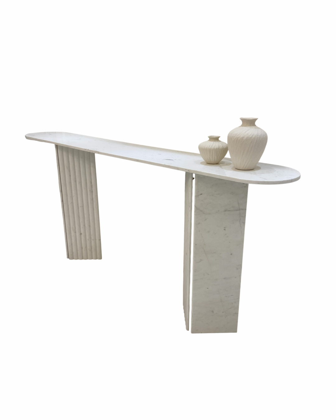 Nova Plano Console Table with capsule-shaped marble top and fluted dual-panel base, isolated on transparent background