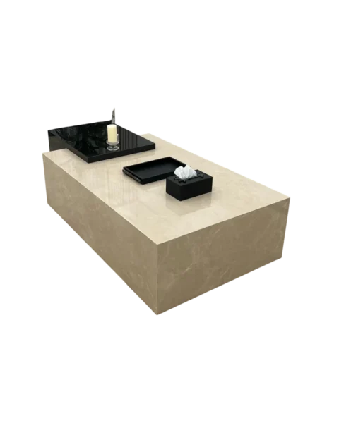 Transparent background image showing Elena dual marble coffee table set with Sweet Cream base and overlapping black marble piece