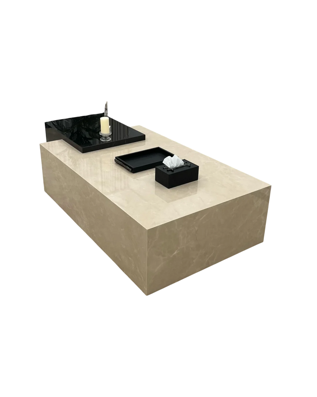 Transparent background image showing Elena dual marble coffee table set with Sweet Cream base and overlapping black marble piece