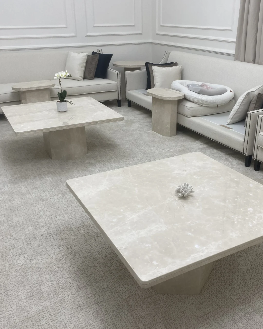 Front view showing dual-layered marble top and hexagonal base