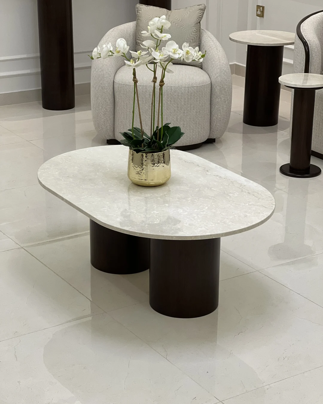Luna Coffee Table in living room with Botticino marble top