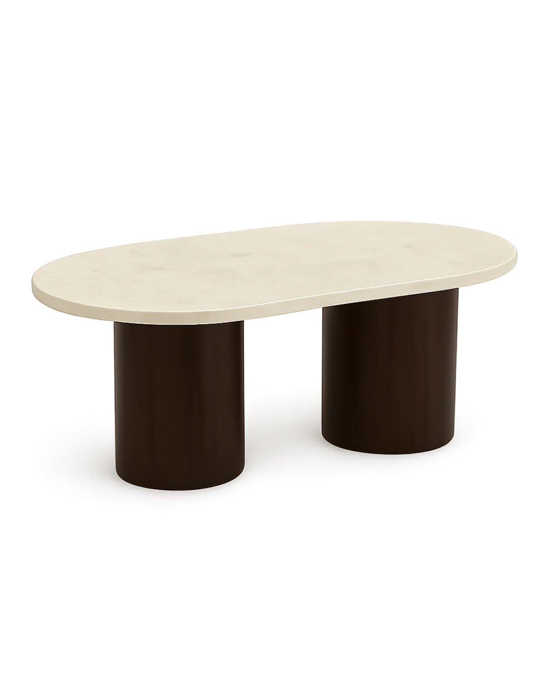 Luna Coffee Table featuring a capsule-shaped Botticino marble top and cylindrical wooden base in glossy chocolate brown finish on transparent background with soft shadows
