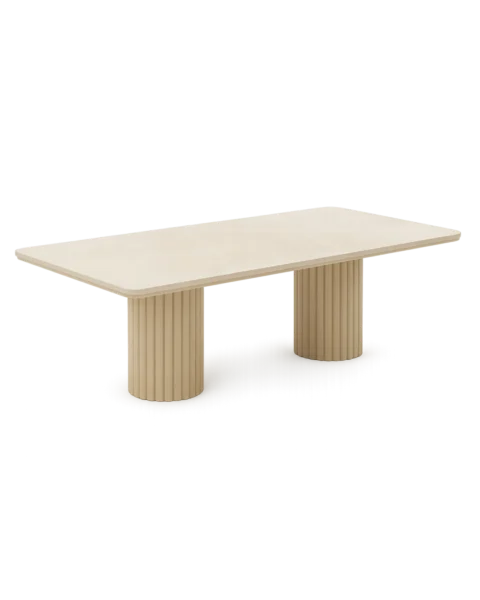 Hero image showing Lunaro Dining Table with Turkish Beige marble and fluted cylindrical bases