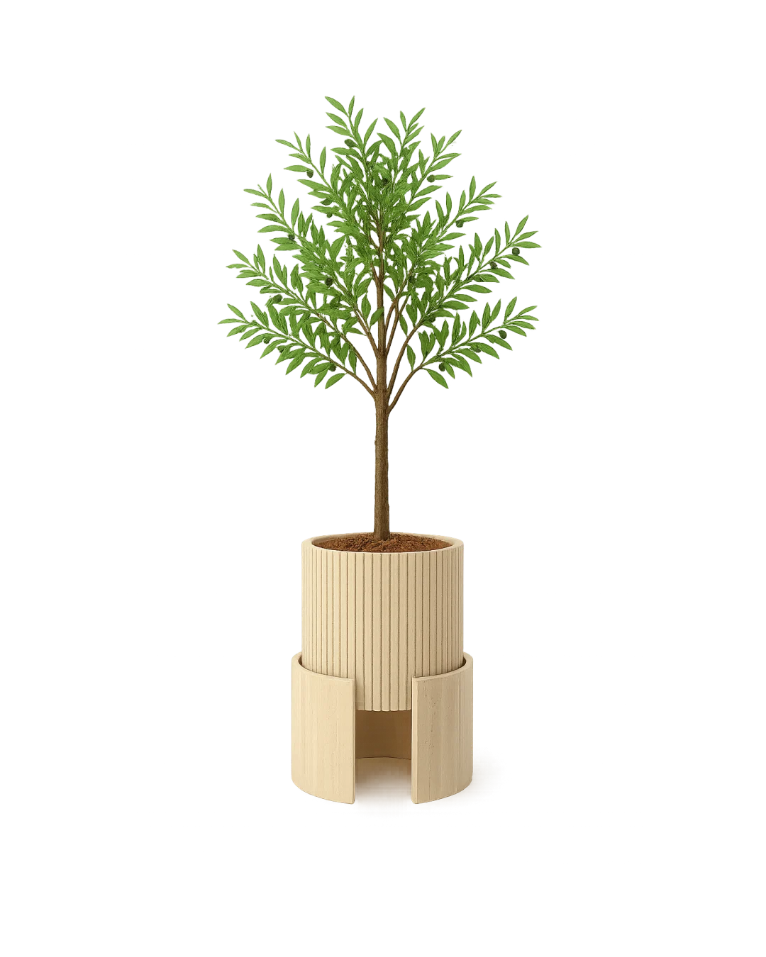 Front-facing view of Luxuria Planter featuring fluted top and split travertine base on transparent background