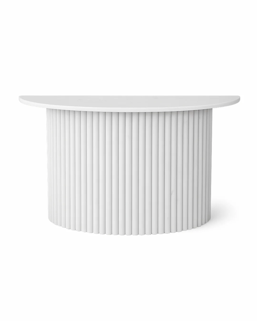 Nova Crescent Console Table featuring a semi-circular Polaris marble top and outwardly fluted curved base on transparent background with soft shadows