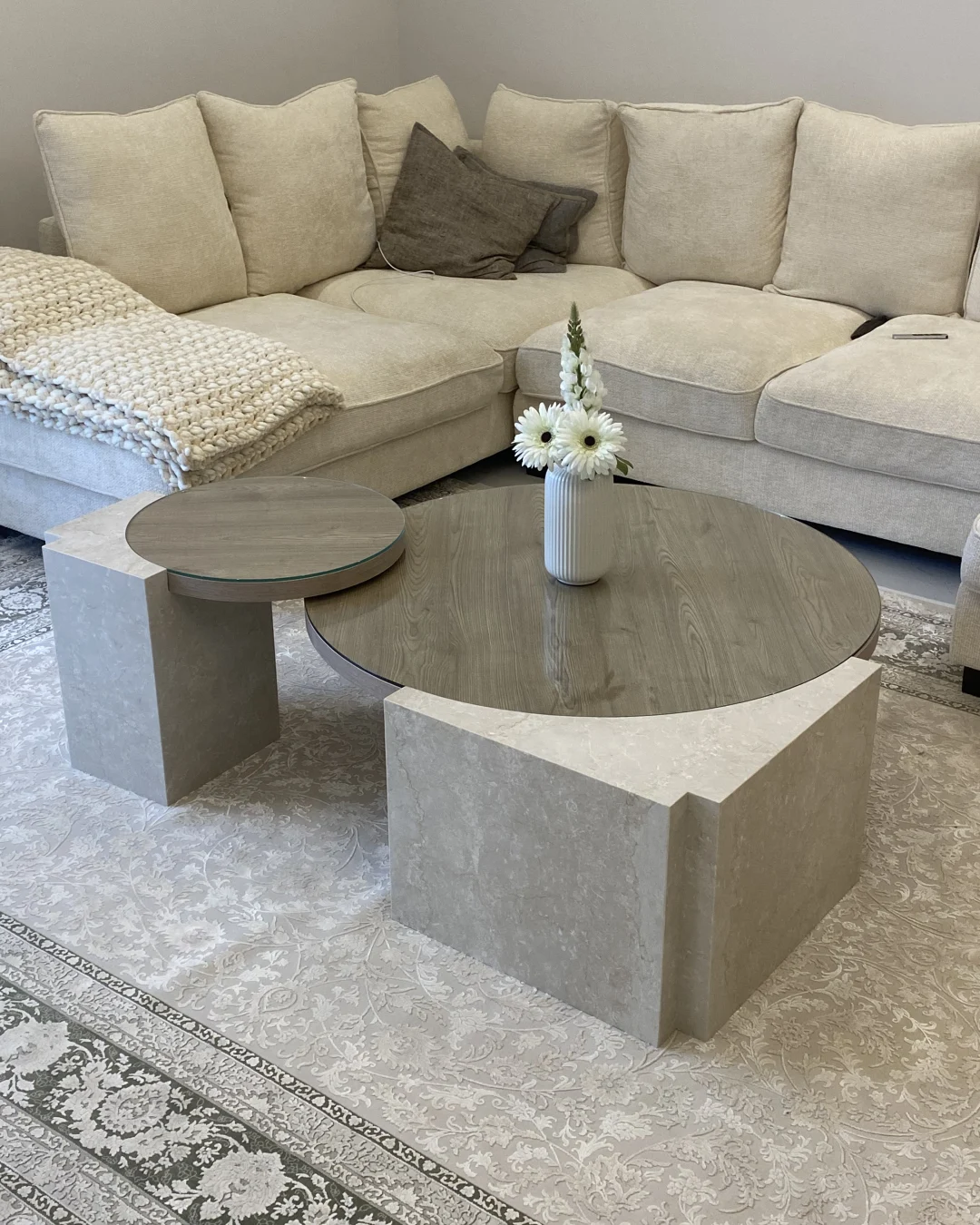 Petra Coffee Table Set with Botticino marble base, teak melamine wood top, and clear glass overlay in a nested arrangement