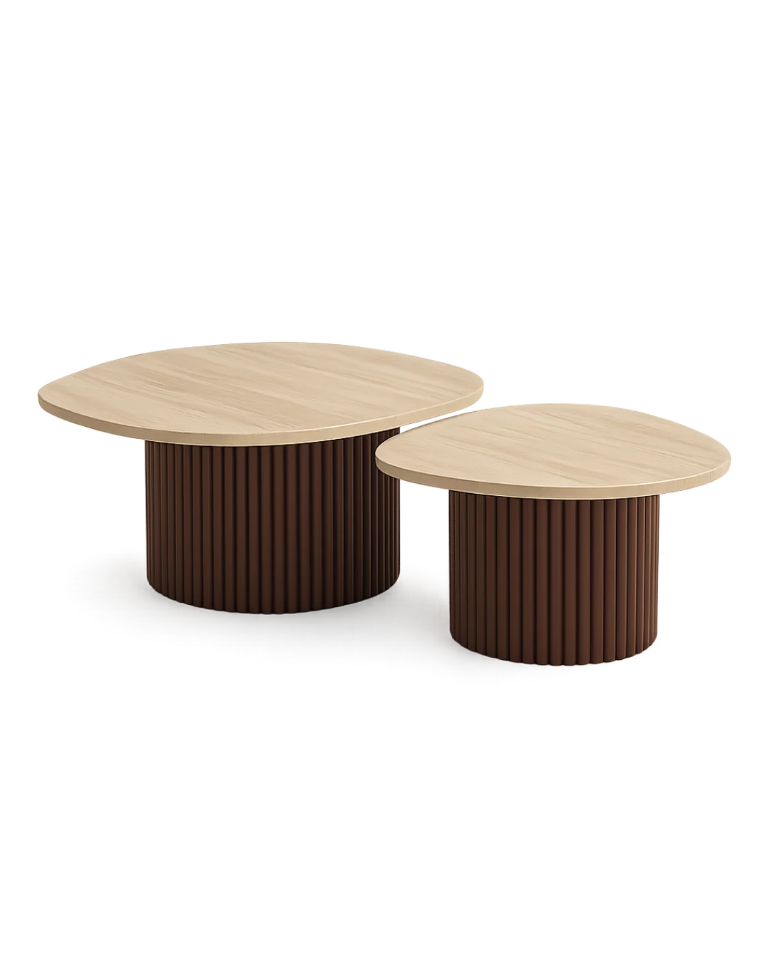 Raqia Coffee Table set with irregular circular Royal Dino marble tops and fluted wood bases in chocolate brown finish on transparent background with soft shadows