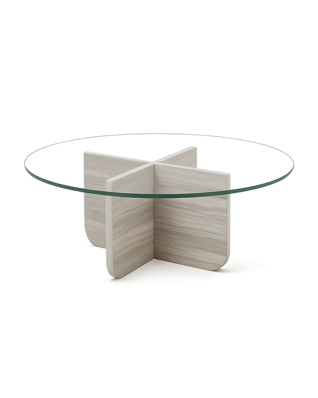 Safa Coffee Table with polished circular glass top and intersecting marble block-style base on transparent background with soft shadows