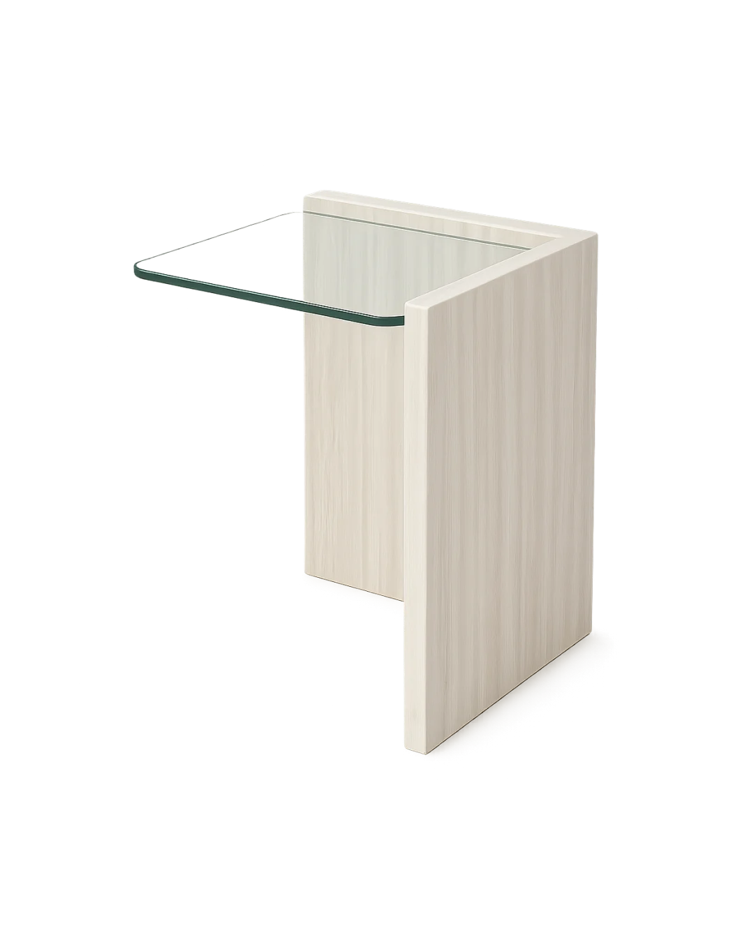 Safa Side Table with clear glass top and L-shaped White Wood Marble base