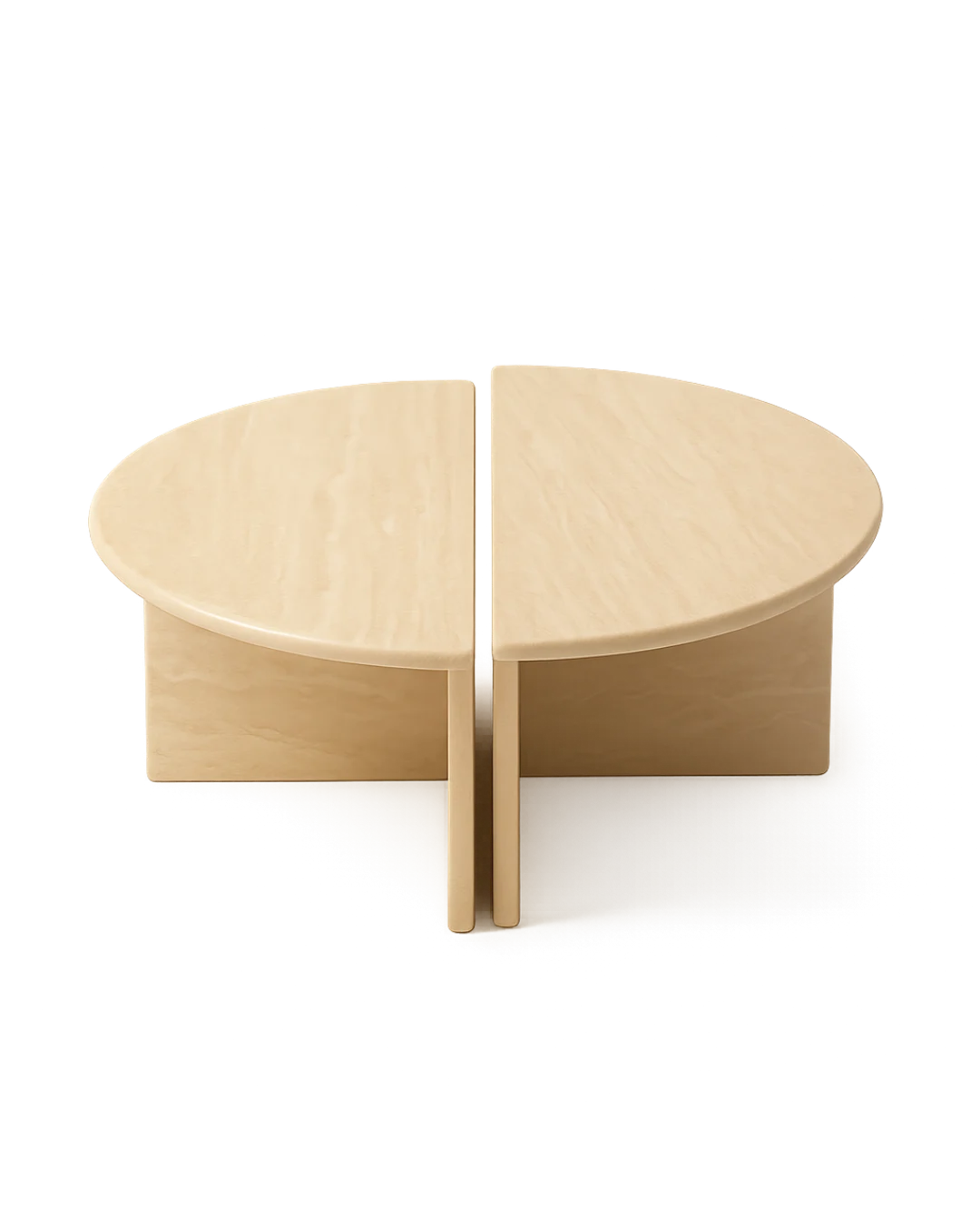 Savora Coffee Table with two semi-circular beige travertine halves forming a round stepped table