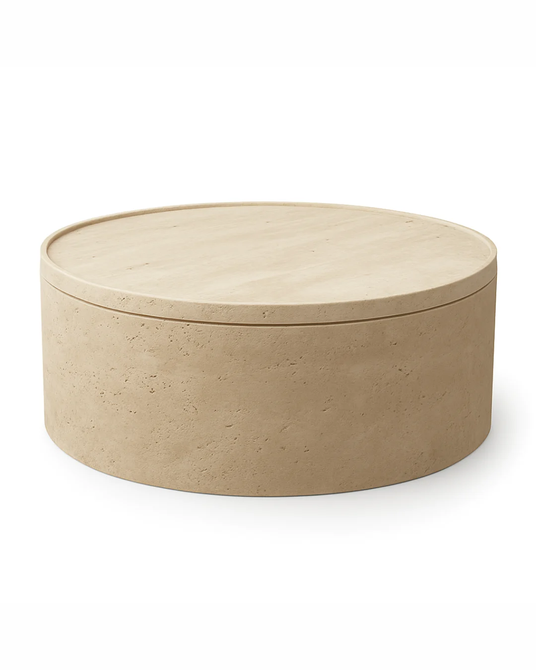 AI-generated image of Travea Coffee Table with no background, showcasing full circular form and dipped travertine top