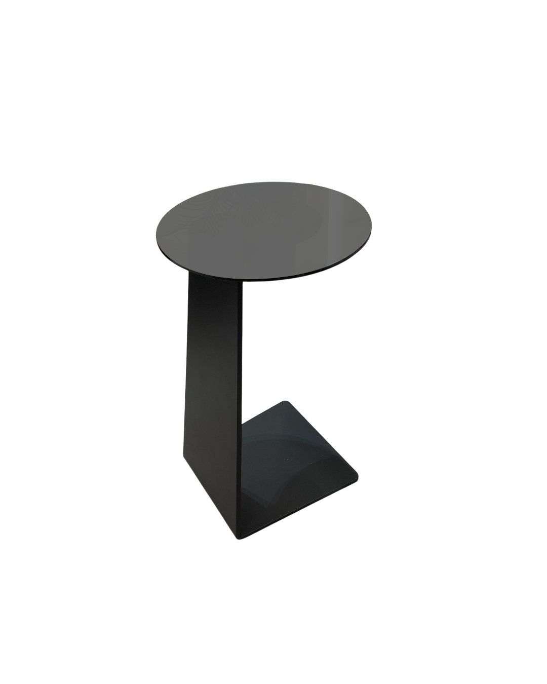 AI-generated image of Travea Serving Table with no background, featuring gray-tinted glass top and matte black C-shaped aluminum base