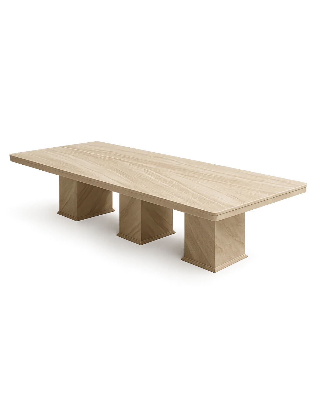 Bookmatched Royal Dino marble dining table with three block-style legs and softly rounded rectangular top, shown on transparent background.