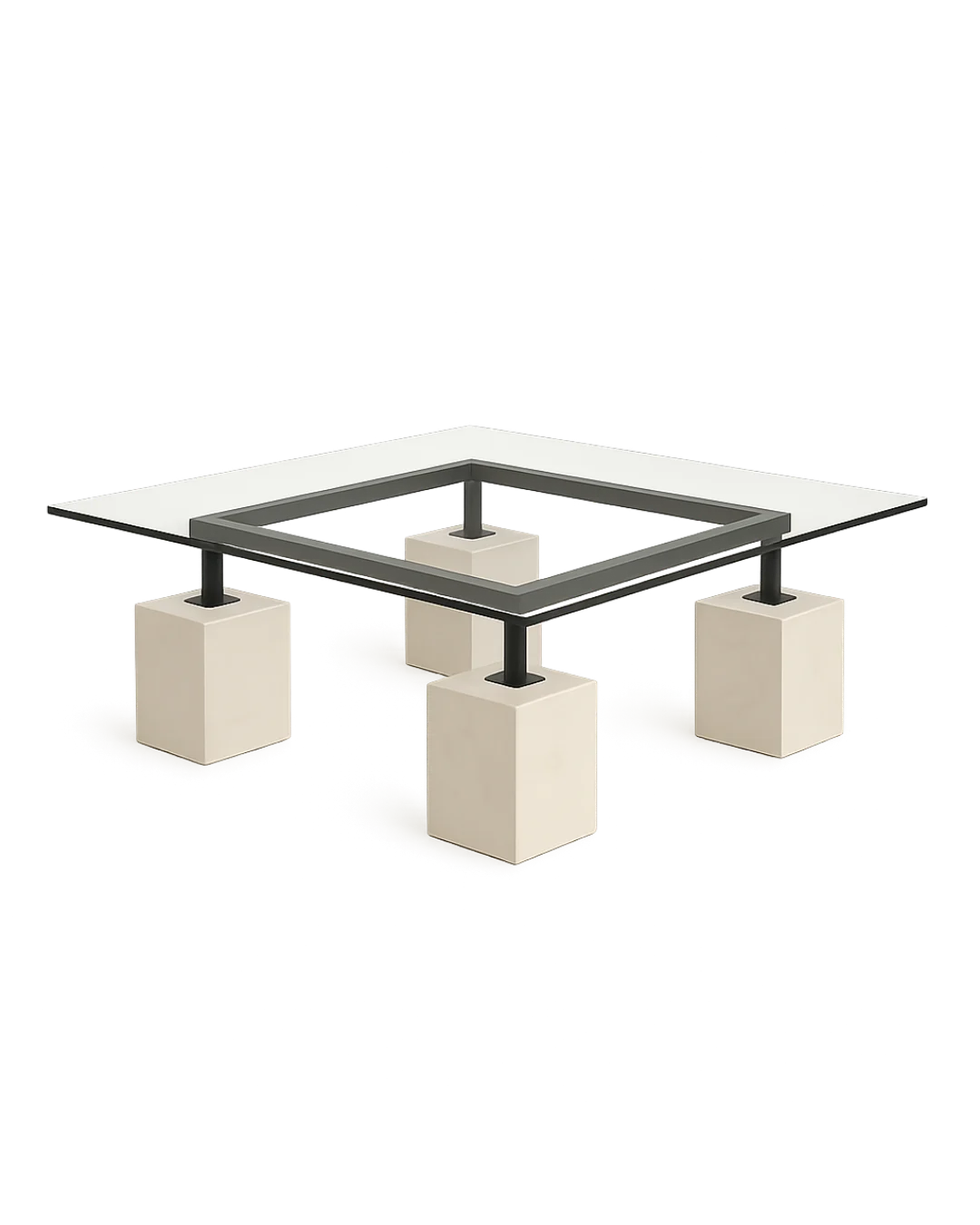 Vetro Coffee Table with clear glass top, matte black frame, and four marble column legs on transparent background with soft shadows