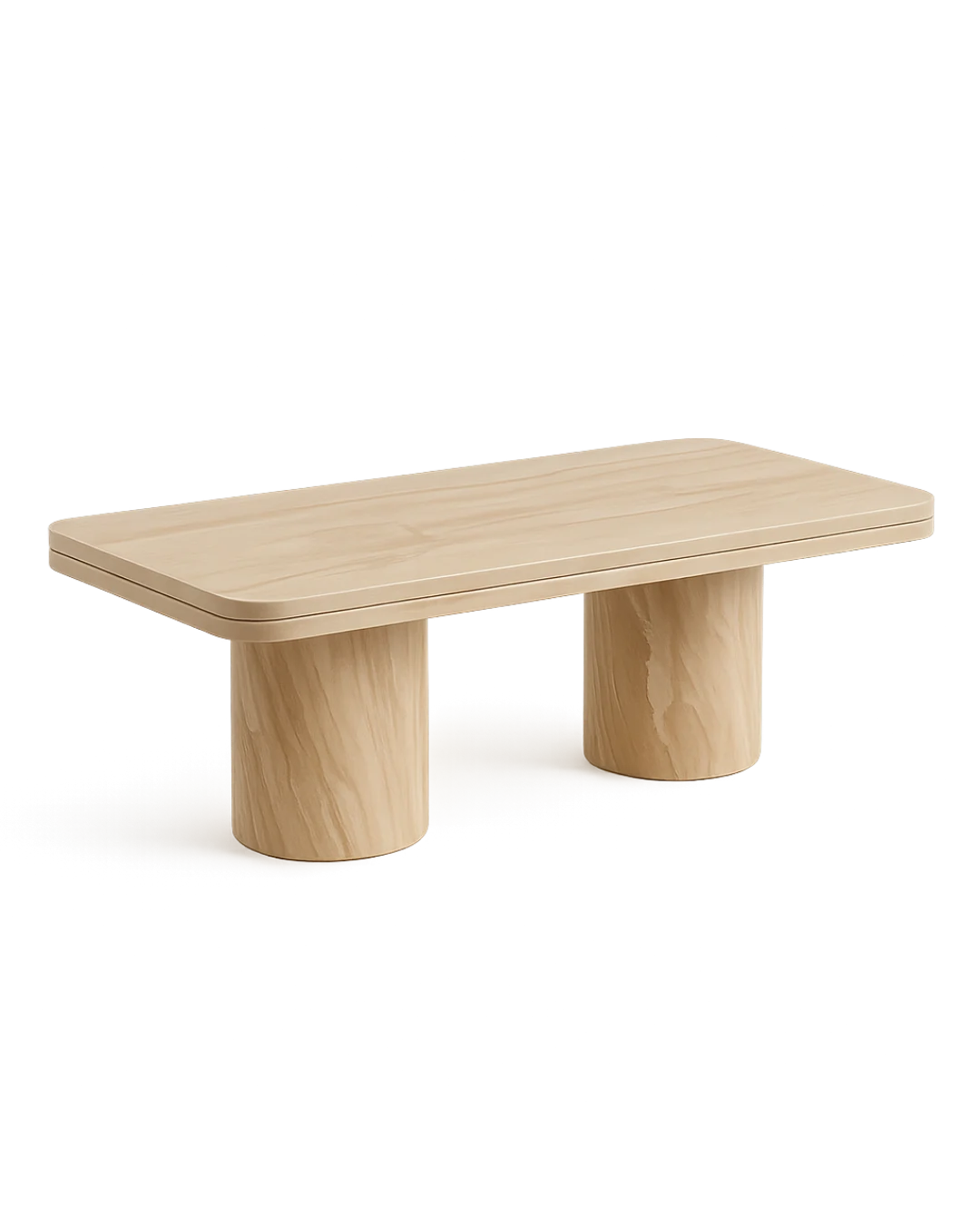 Zina Coffee Table featuring a rectangular double-layered Royal Dino marble top with V-groove edge and two smooth cylindrical marble bases, on transparent background with soft shadows