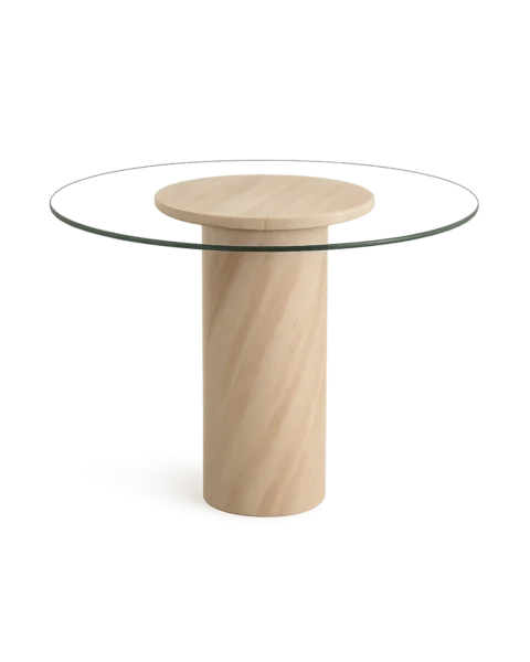 Zina Entrance Table with circular clear glass top and polished Royal Dino marble base, topped with a matching round marble disc, shown on transparent background with soft shadows