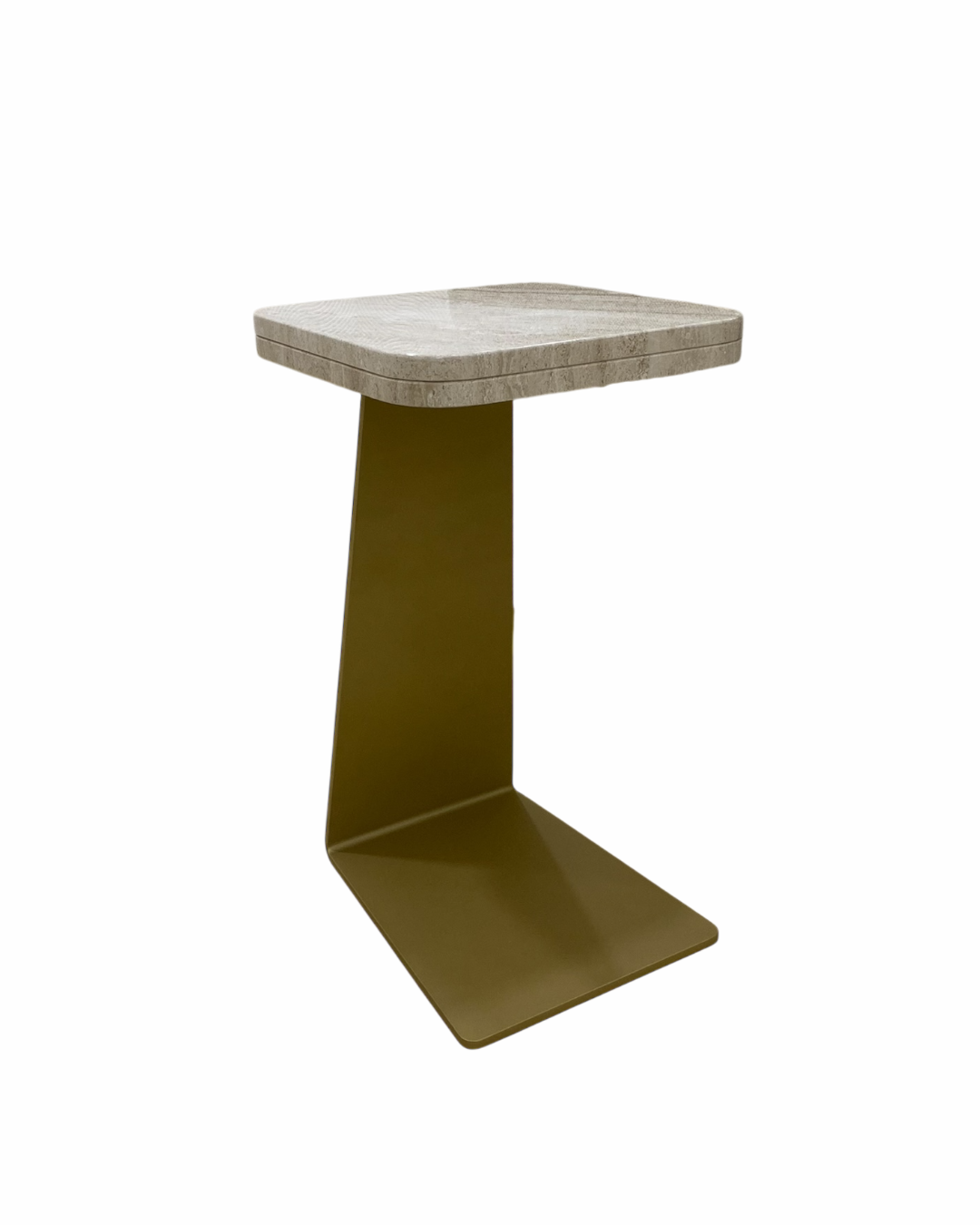 Zina Serving Table featuring square marble top and italicized C-shaped gold aluminum base, isolated on transparent background
