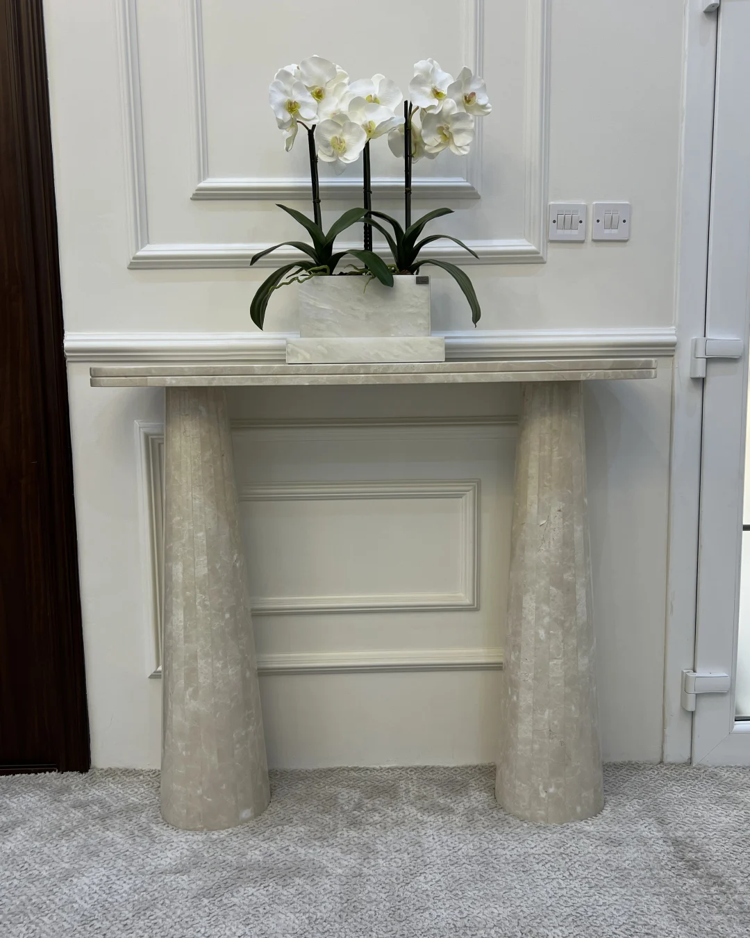Lina Console Table styled in a hallway with soft neutral accents