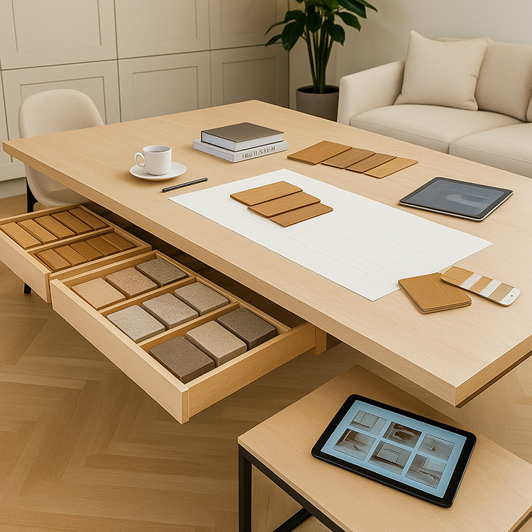 Furniture material samples and finish options arranged on a design table with drawers