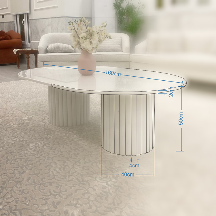 Custom marble coffee table design with visible dimensions for length, height, and base width