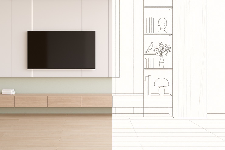 Custom TV wall and cabinet design shown as a finished concept beside a line sketch