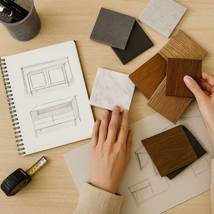 Marble and wood finish samples being selected for a custom furniture design