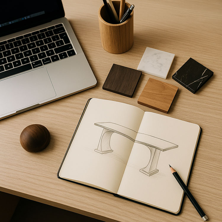 Furniture design sketch with marble, wood, and finish samples for Sheen Interiors material selection