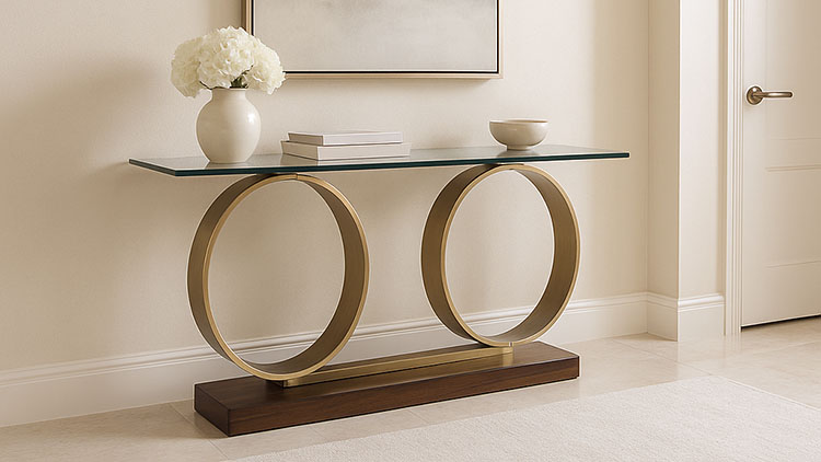 Glass console table with circular metal supports and wooden base in a refined entryway interior