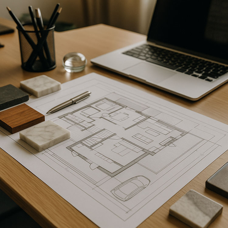 Interior design plan with marble, wood, and finish samples for a custom interiors project